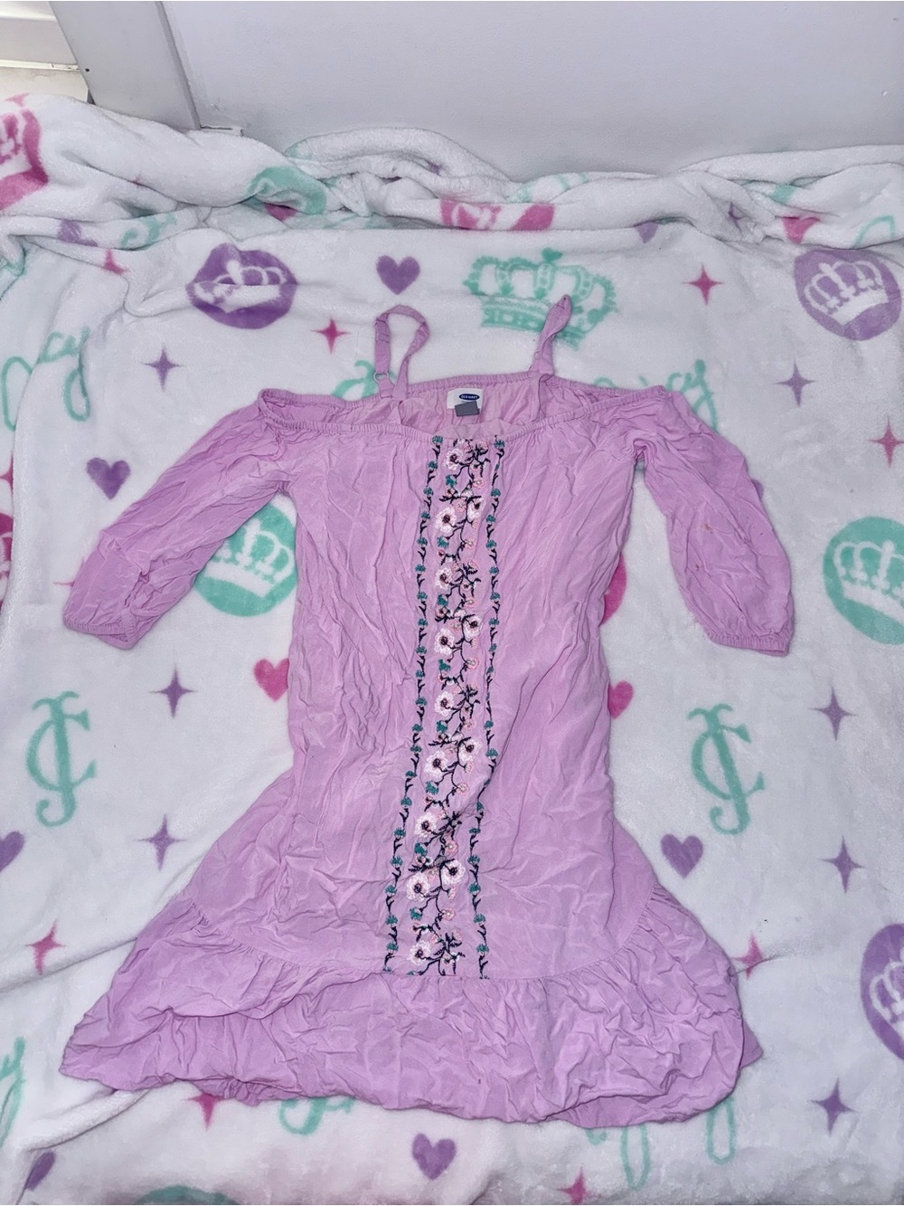 Old Navy Girls Lavender Floral Embroidered Cold Shoulder Dress - Size Large